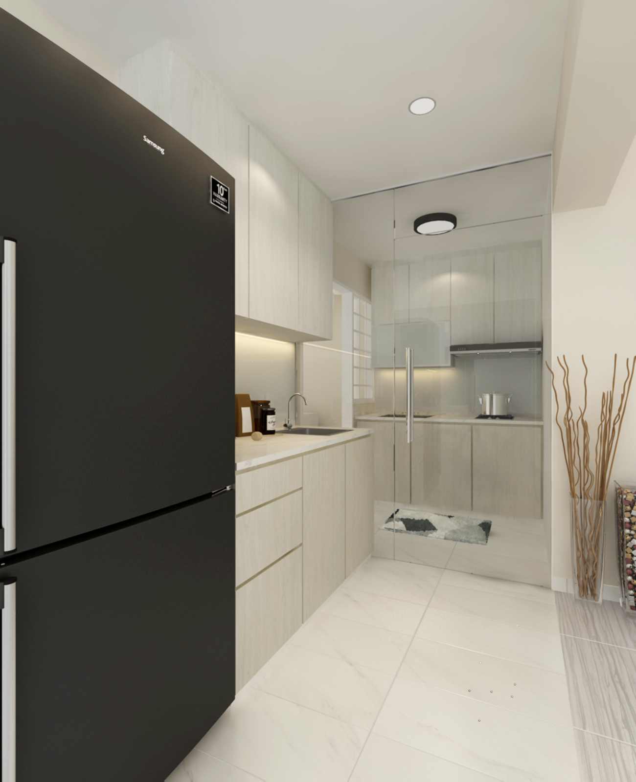 Minimalist white kitchen with glass partition and clean-line cabinetry in Sumang Lane BTO